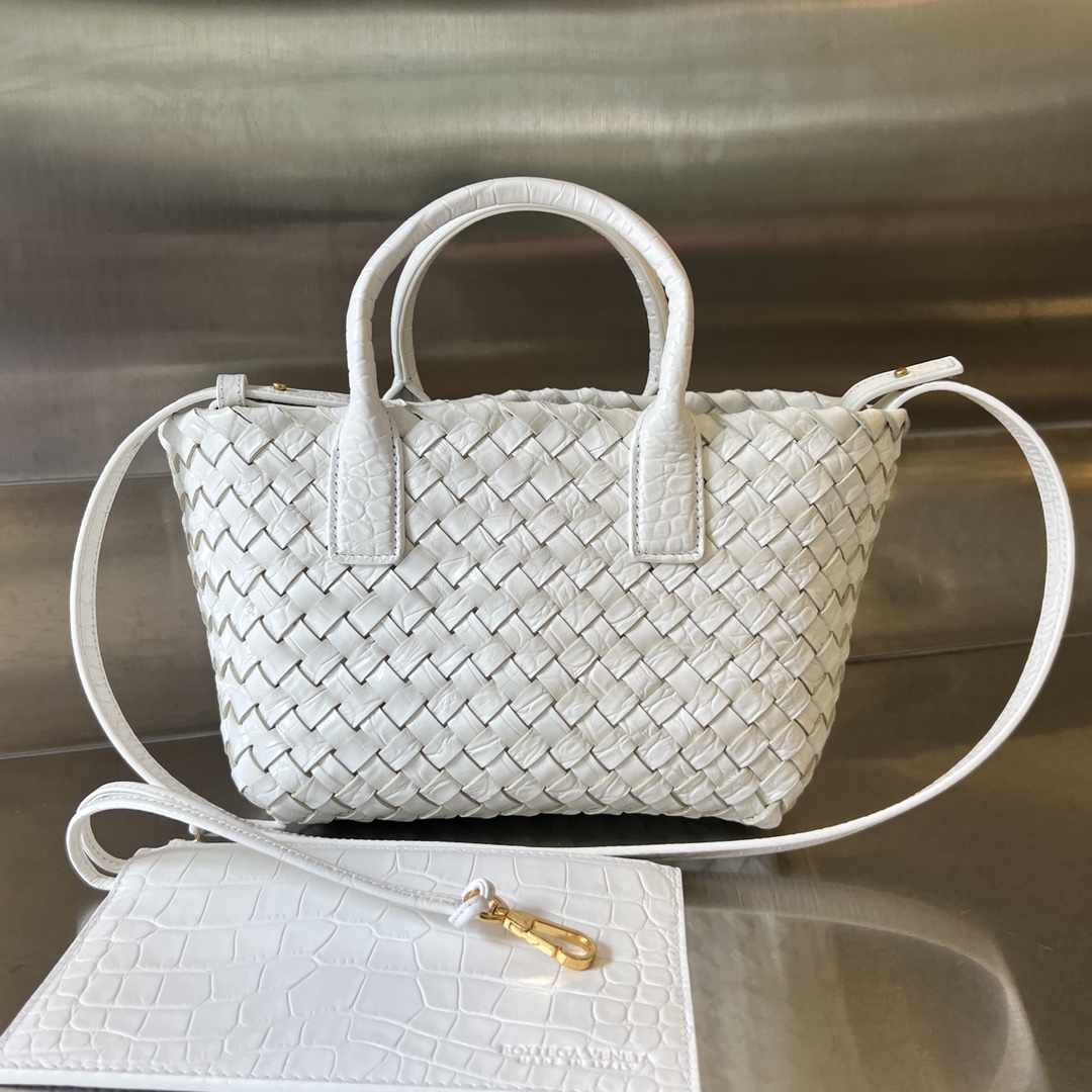 Mini Cabat Intreccio Crocodile Grain Leather Tote White